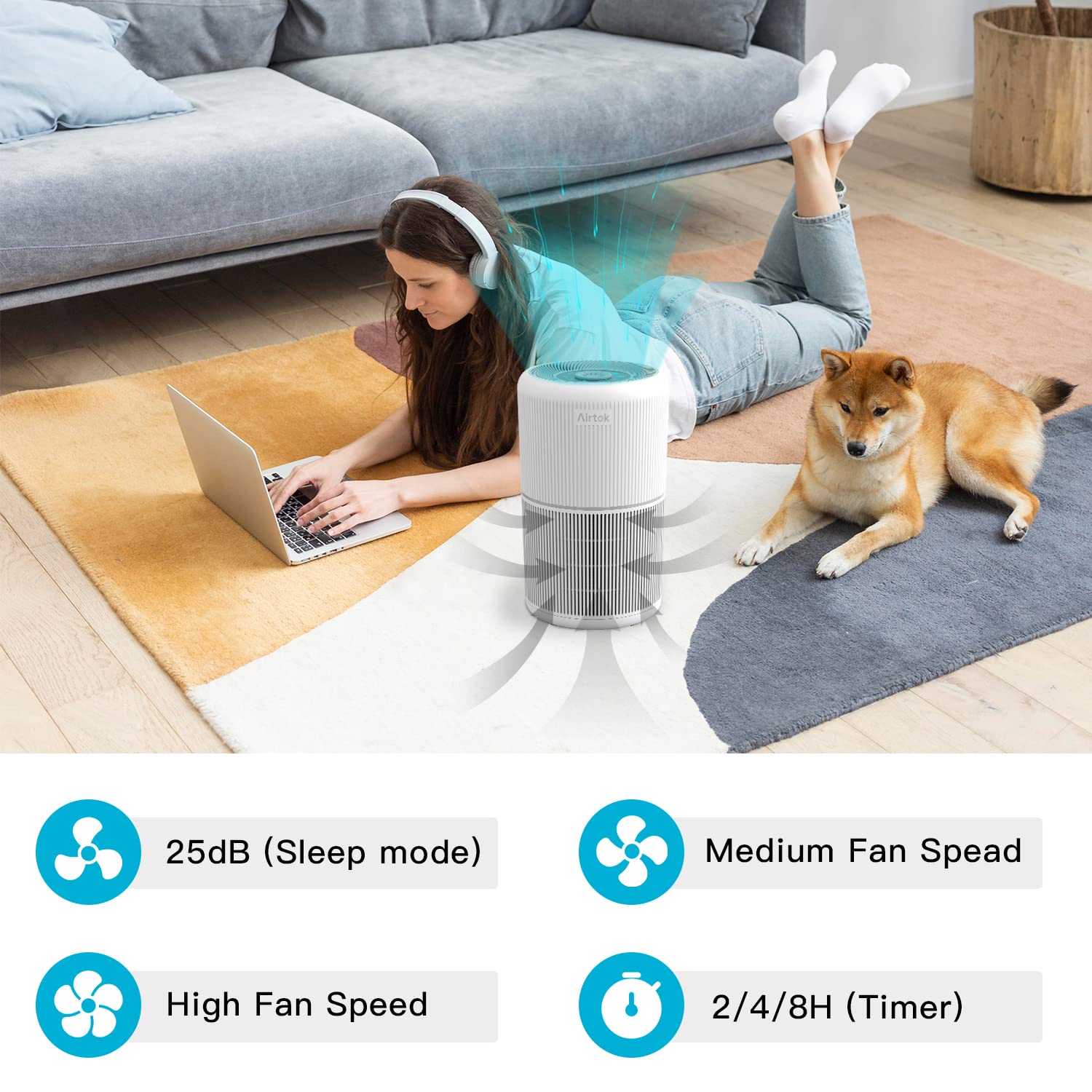 AIRTOK Luftreiniger HEPA13 4-Filter mit Aromatherapie und Nachtlicht