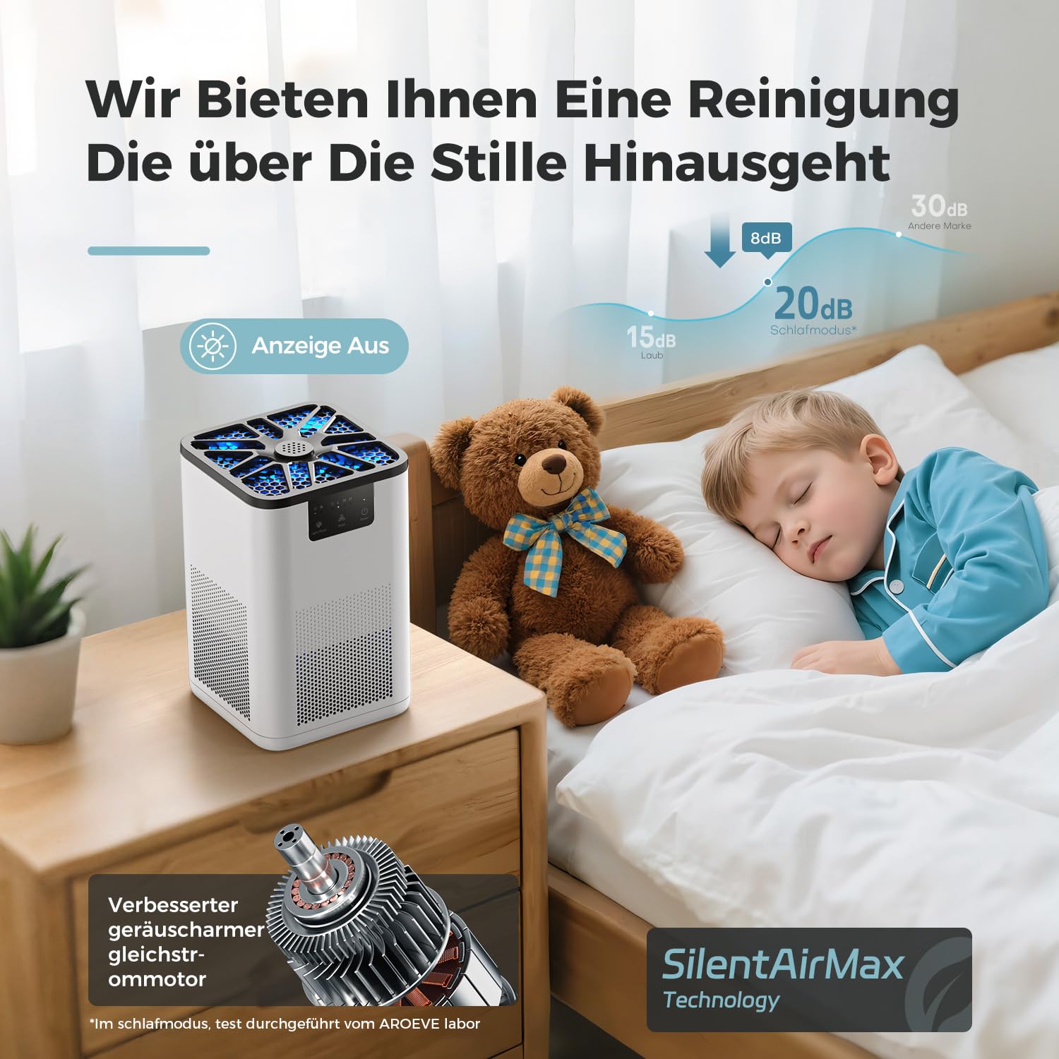 Aroeve Luftreiniger für Schlafzimmer mit Aromatherapie, leise, für Haustiere und Allergene