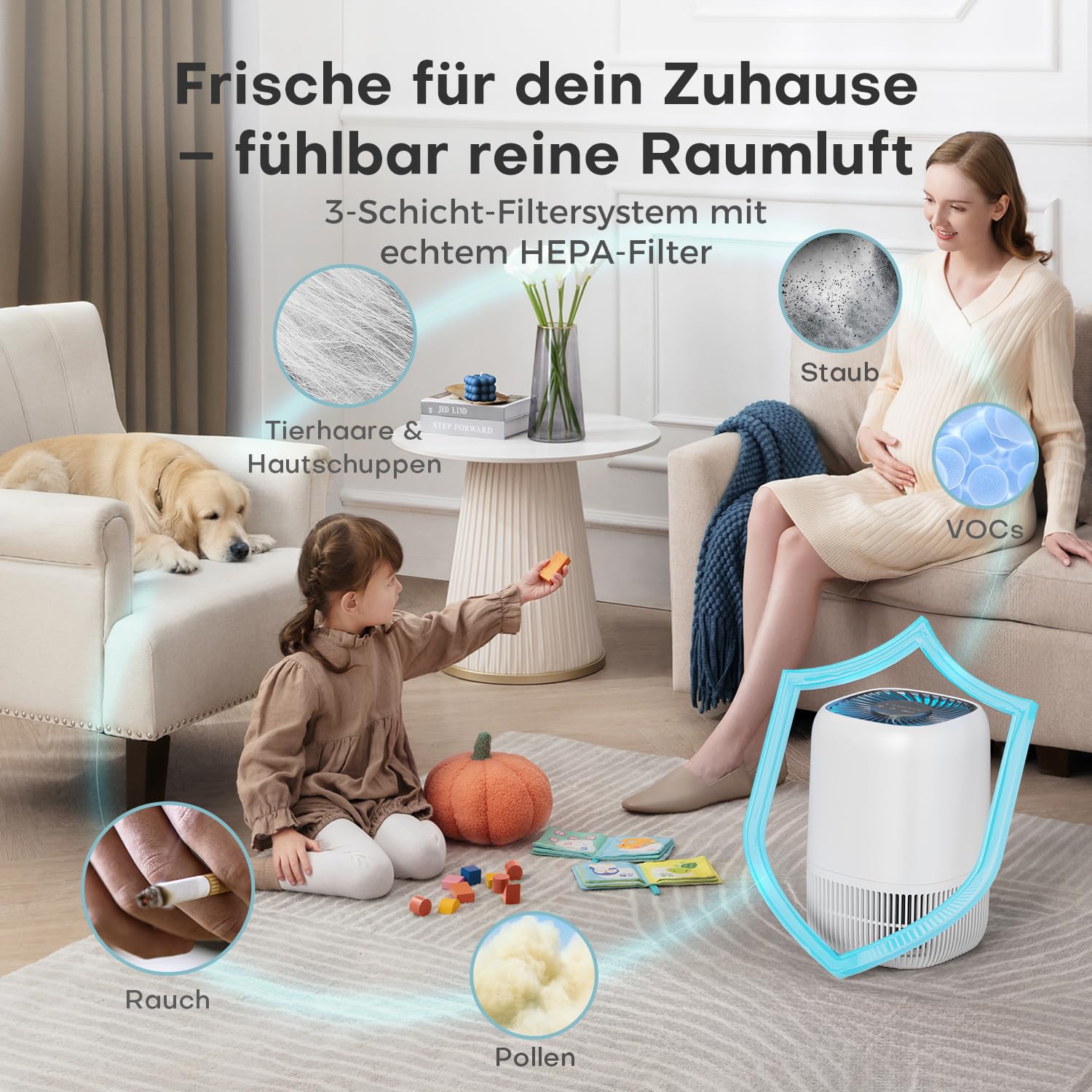 AROEVE Luftreiniger H13 HEPA 3-Stufenfilter, leise 22 dB, 5 W, Aroma-Funktion, Weiß