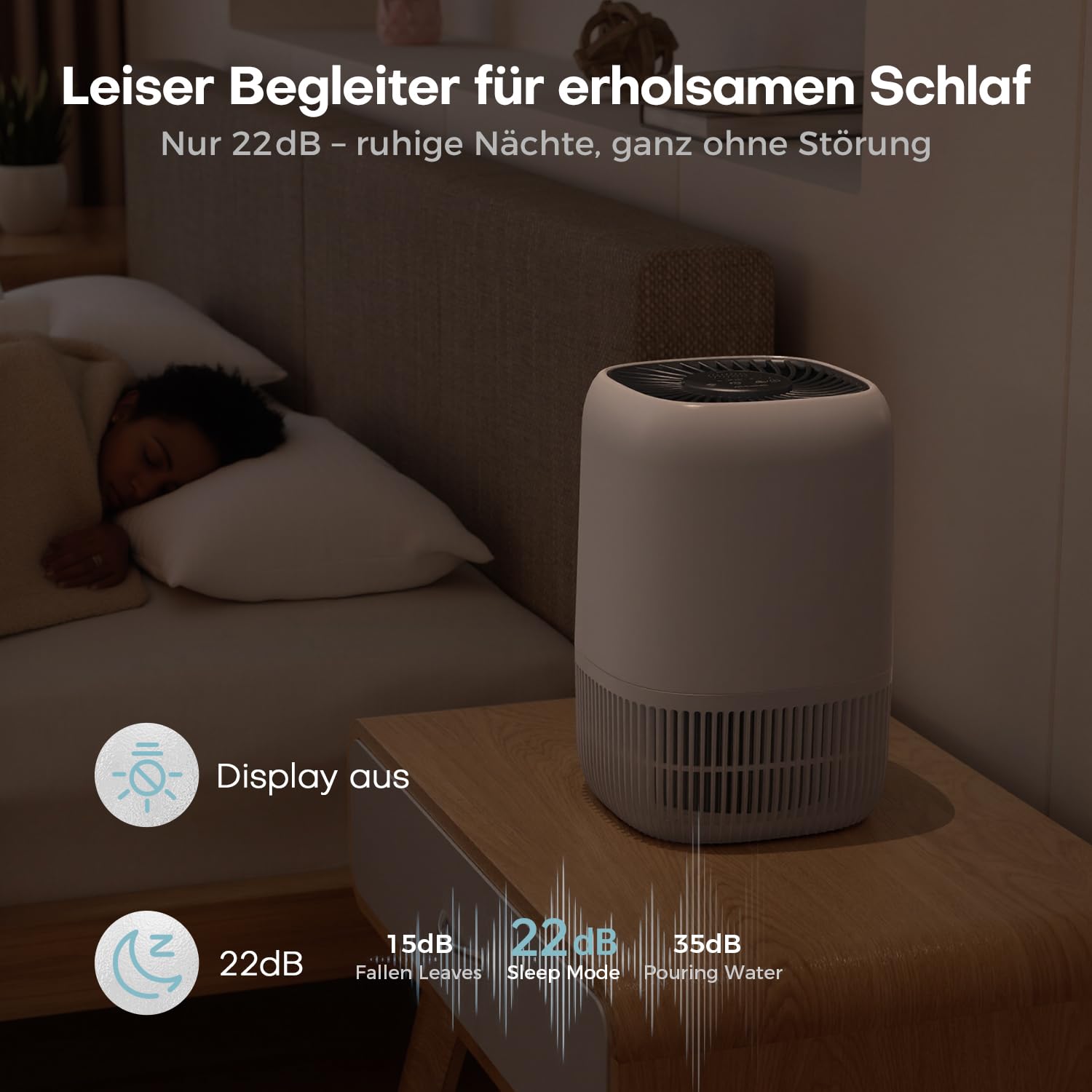 AROEVE Luftreiniger H13 HEPA 3-Stufenfilter, leise 22 dB, 5 W, Aroma-Funktion, Weiß