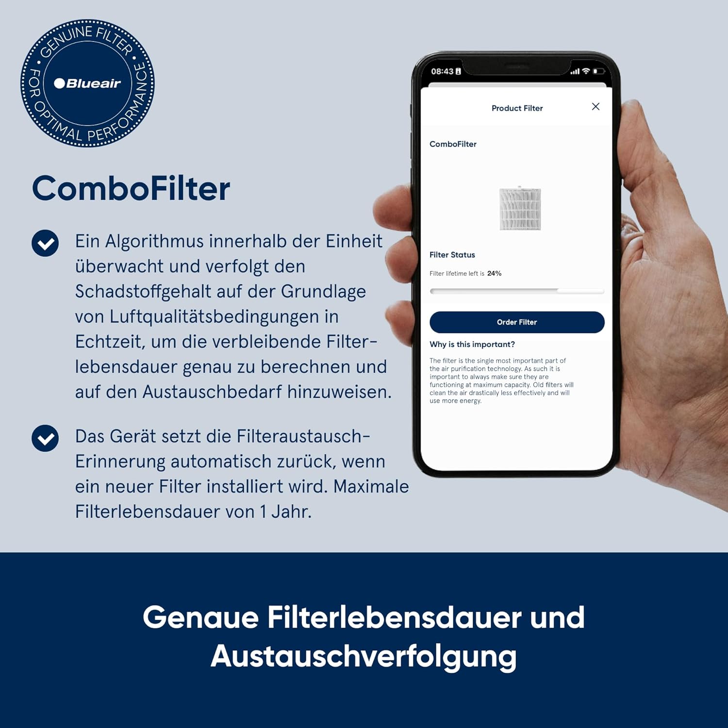 BLUEAIR Luftreiniger für Räume bis 48 m² mit HepaSilent-Technologie, smarten Sensoren und App-Steuerung