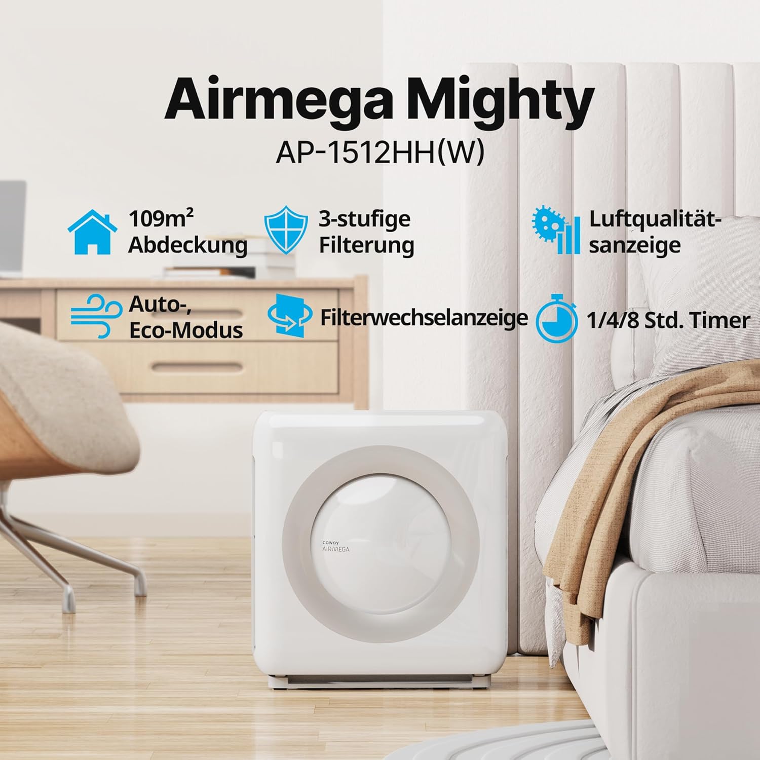 COWAY Luftreiniger für Allergiker, ECARF-Siegel, 99,999% Filterung, CADR 421 m³/h, energiesparend