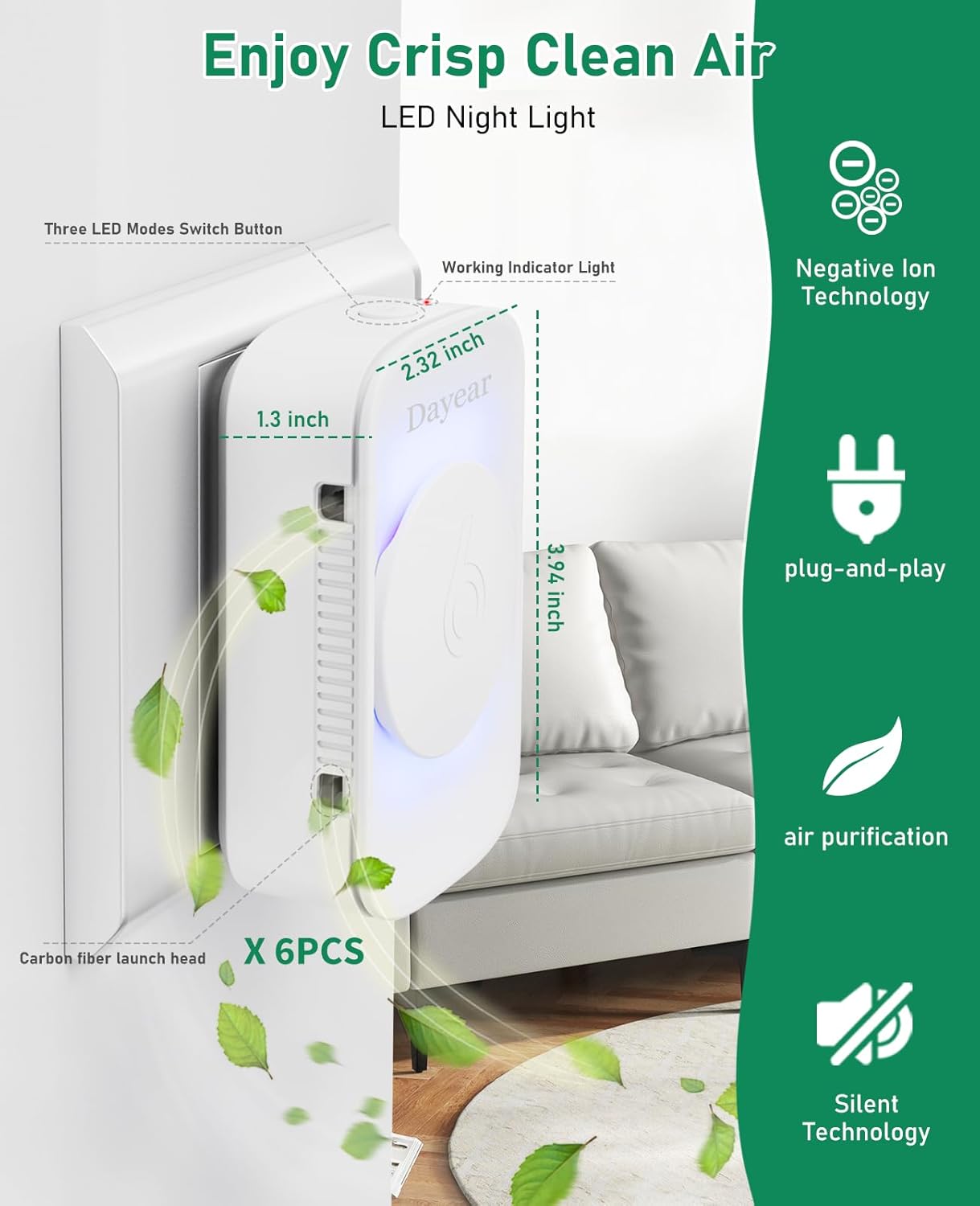 Dayear Luftreiniger Ionisator 3 LED-Modi für Rauch, Haustiere, Gerüche