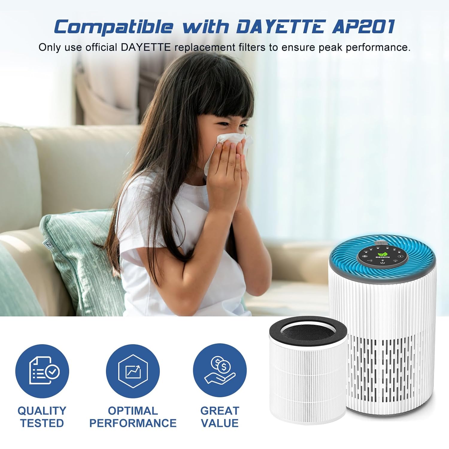 Dayette Luftreiniger mit Originalfilter, 3-stufige Filterung, HEPA-Technologie