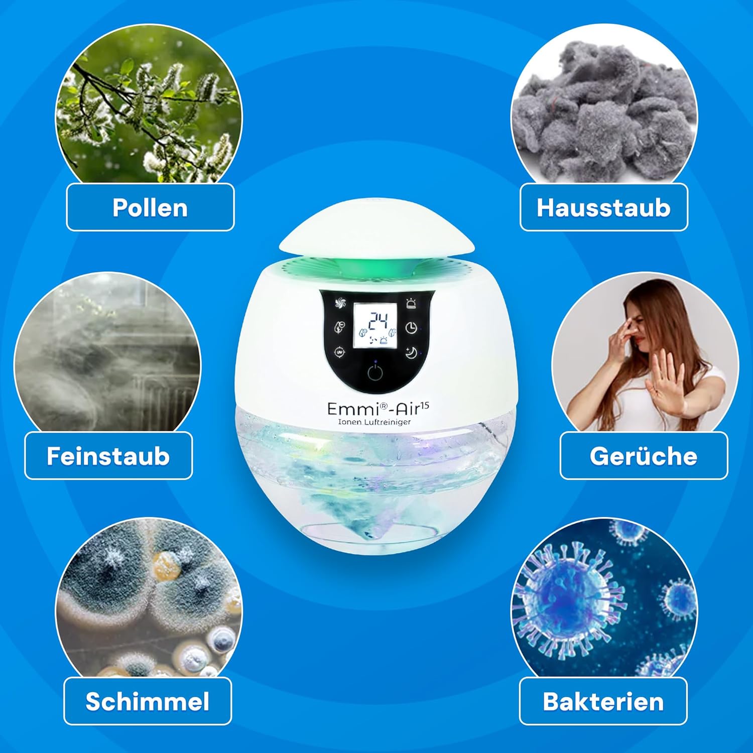 Emmi Luftreiniger Ionisator für Allergiker & Raucherzimmer – bis 35 m², geruchsbeseitigend, gegen Pollen & Staub