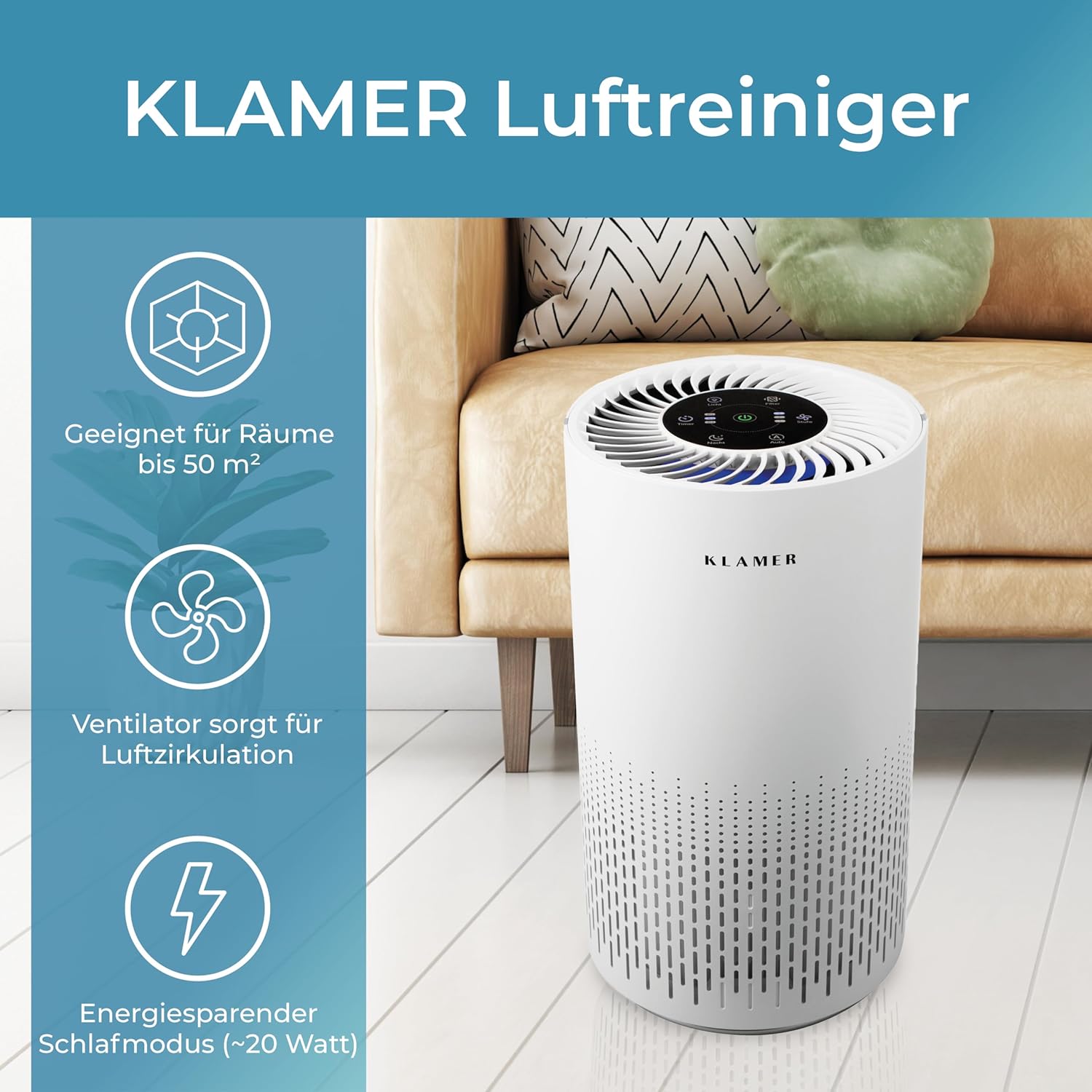 KLAMER Air Purifier 300i HEPA Filter CADR 220 m³/h Für Räume bis 50 m²