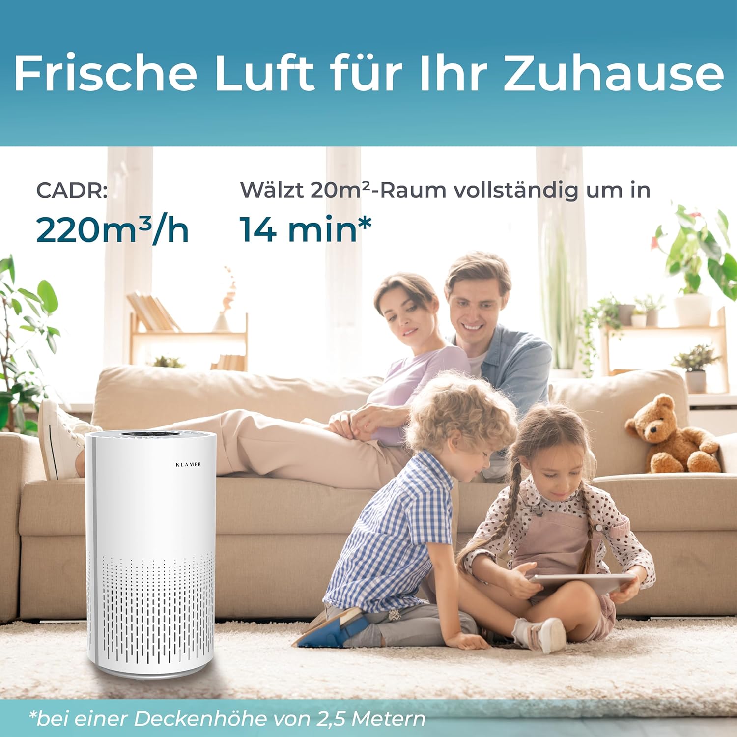 KLAMER Air Purifier 300i HEPA Filter CADR 220 m³/h Für Räume bis 50 m²