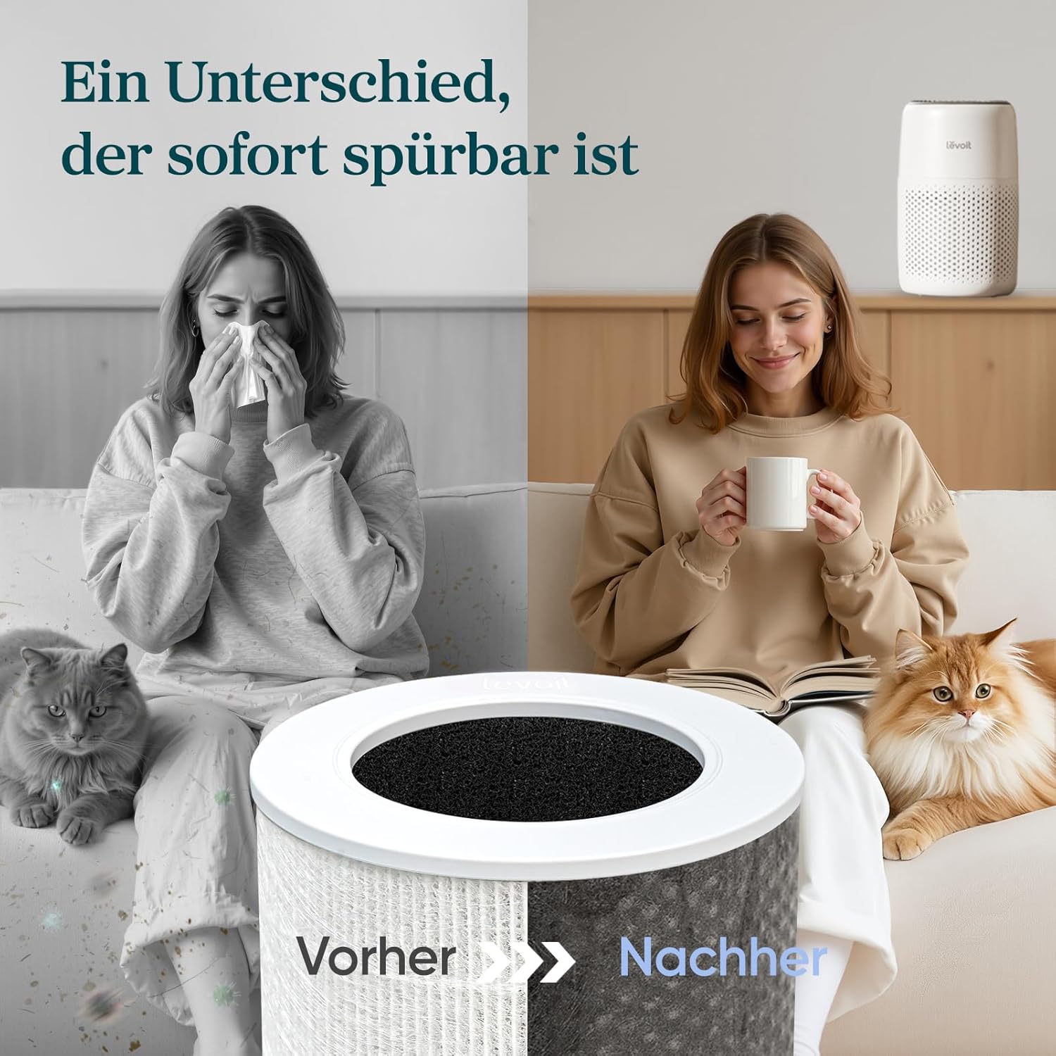 Levoit Luftreiniger HEPA Filter 3 Stufen Aromatherapie für Allergie, Schimmel, Staub, Haustiere, 7W weiß