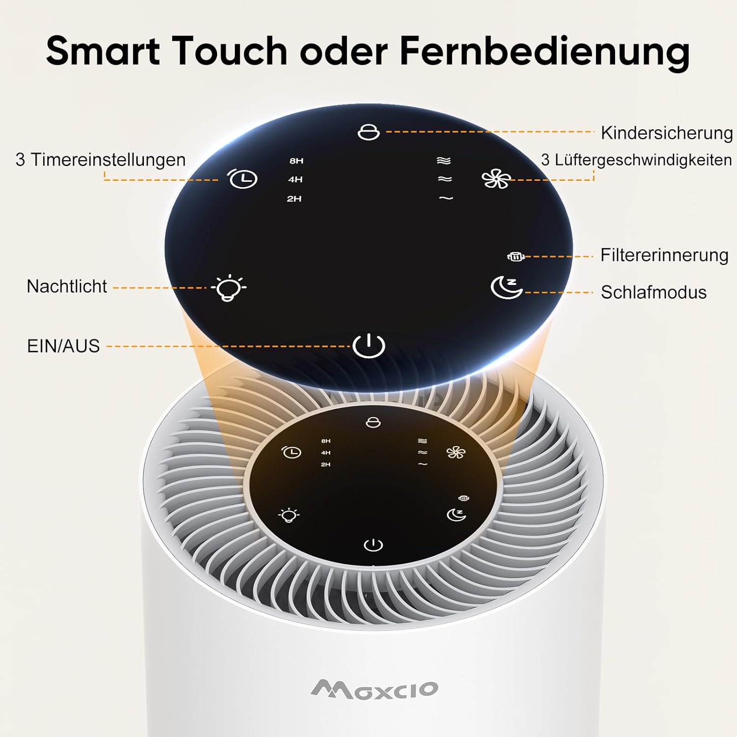 Maxcio Luftreiniger Allergiker HEPA Filter 99.98% Touch-Steuerung Nachtlicht