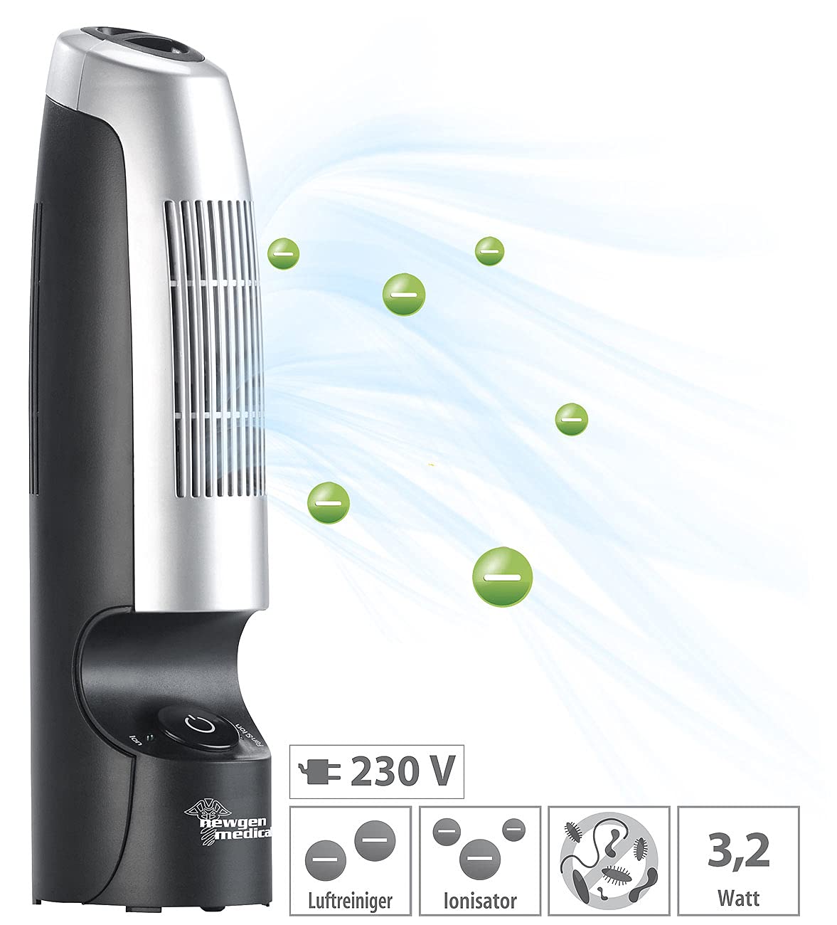 newgen medicals Luftreiniger mit Ionisation, HEPA-Filter, leise, großräumig
