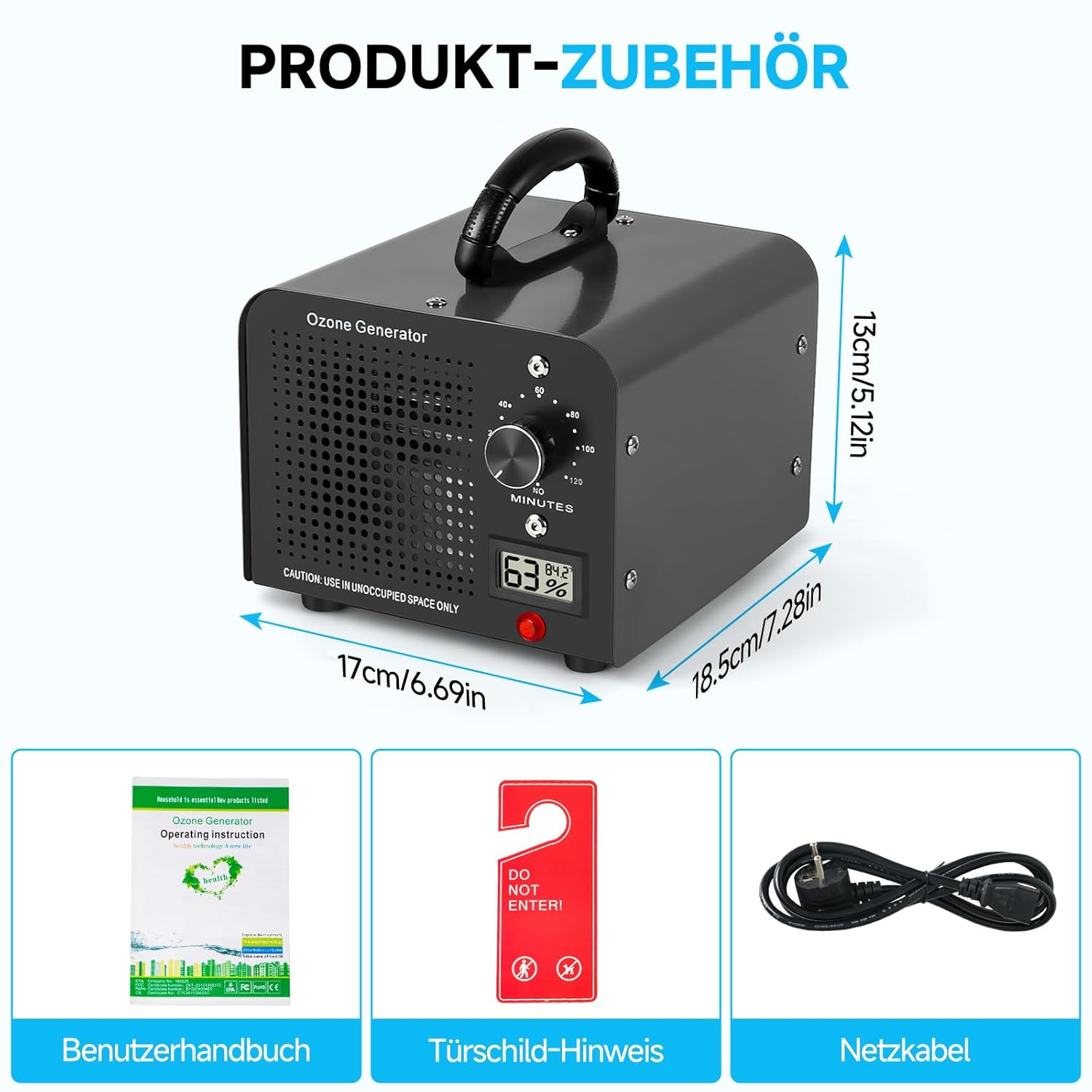 Ozone Generator 60.000 mg/h, 120 Min Timer, Temperatur- und Feuchtigkeitsanzeige, Luftreiniger für Auto, Zuhause, Raum, Rauch, Haustiergeruch und Küche