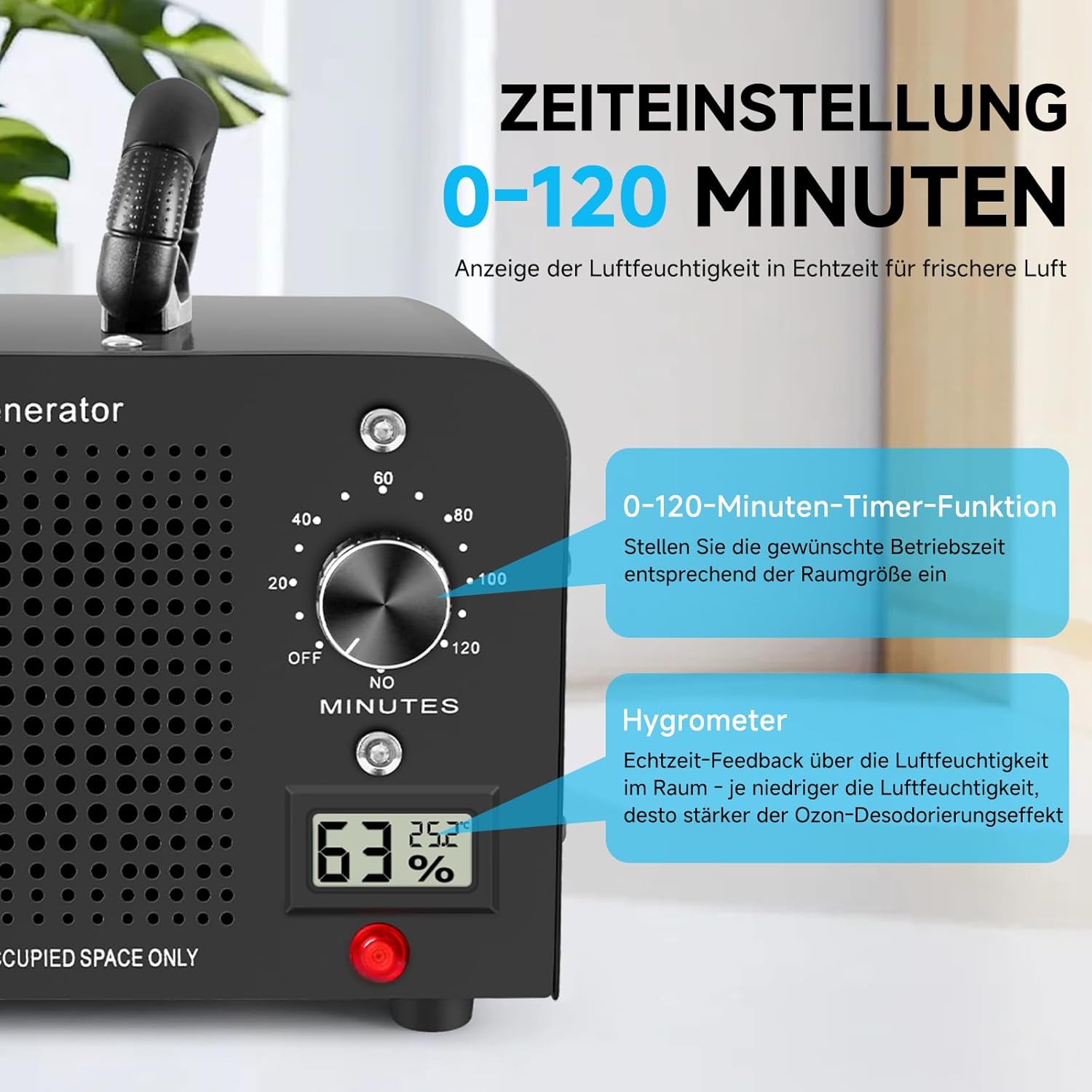 Ozone Generator 60.000 mg/h, 120 Min Timer, Temperatur- und Feuchtigkeitsanzeige, Luftreiniger für Auto, Zuhause, Raum, Rauch, Haustiergeruch und Küche