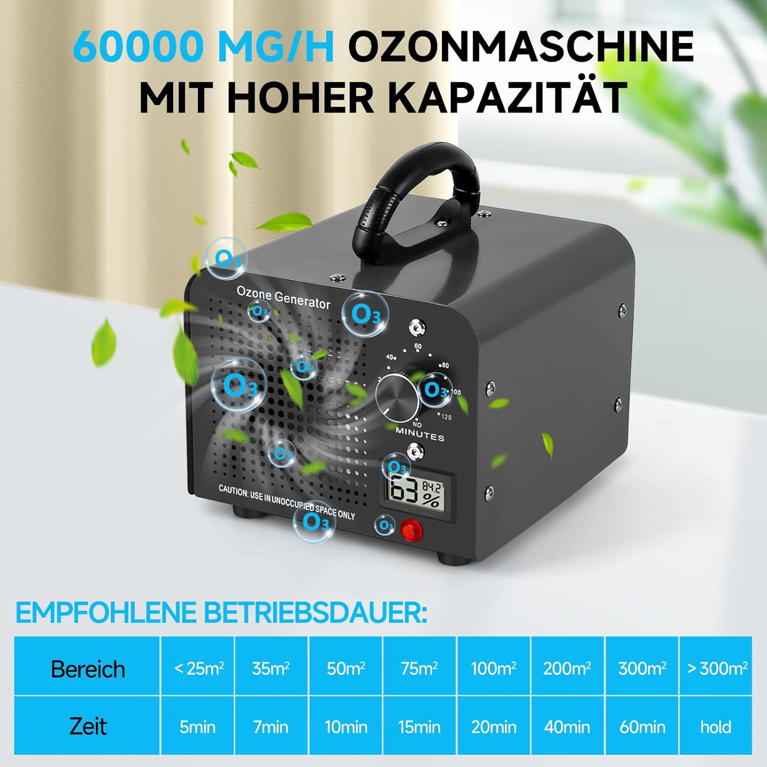 Ozone Generator 60.000 mg/h, 120 Min Timer, Temperatur- und Feuchtigkeitsanzeige, Luftreiniger für Auto, Zuhause, Raum, Rauch, Haustiergeruch und Küche