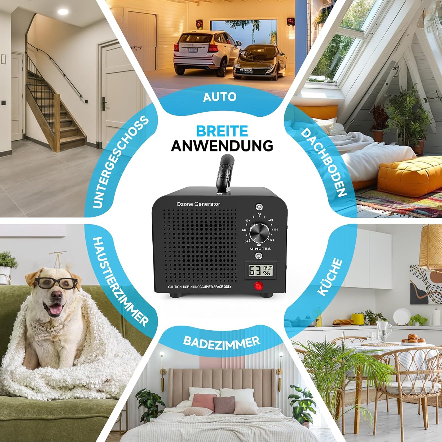 Ozone Generator 60.000 mg/h, 120 Min Timer, Temperatur- und Feuchtigkeitsanzeige, Luftreiniger für Auto, Zuhause, Raum, Rauch, Haustiergeruch und Küche