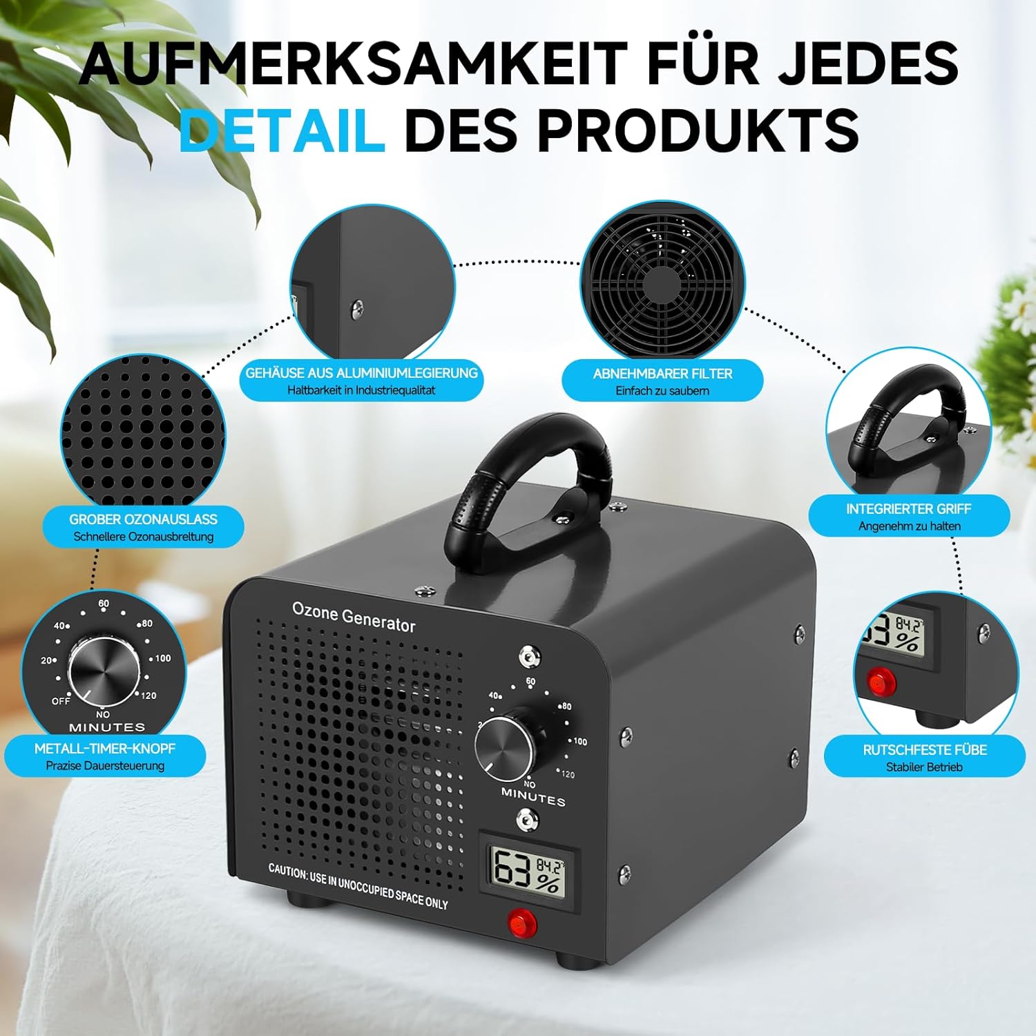 Ozone Generator 60.000 mg/h, 120 Min Timer, Temperatur- und Feuchtigkeitsanzeige, Luftreiniger für Auto, Zuhause, Raum, Rauch, Haustiergeruch und Küche