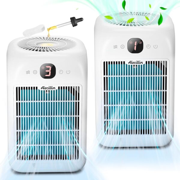Pack of 2 Air Purifiers for Allergy Sufferers with Aromatherapy, HEPA Air Filter Against Mould, Dust, Pollen, Pet Hair, Double-Sided Air Intake to 99.97% Distance up to 0.1
