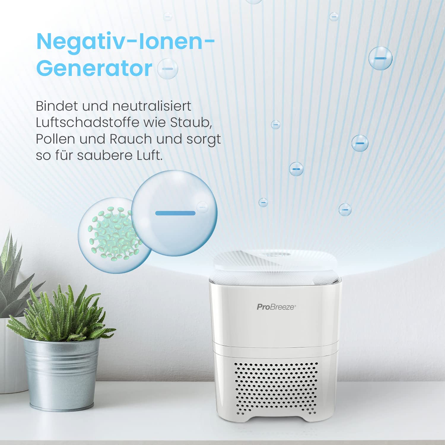 Pro Breeze Luftreiniger 4-in-1 HEPA-Filter Ionisator für Allergien Raucher