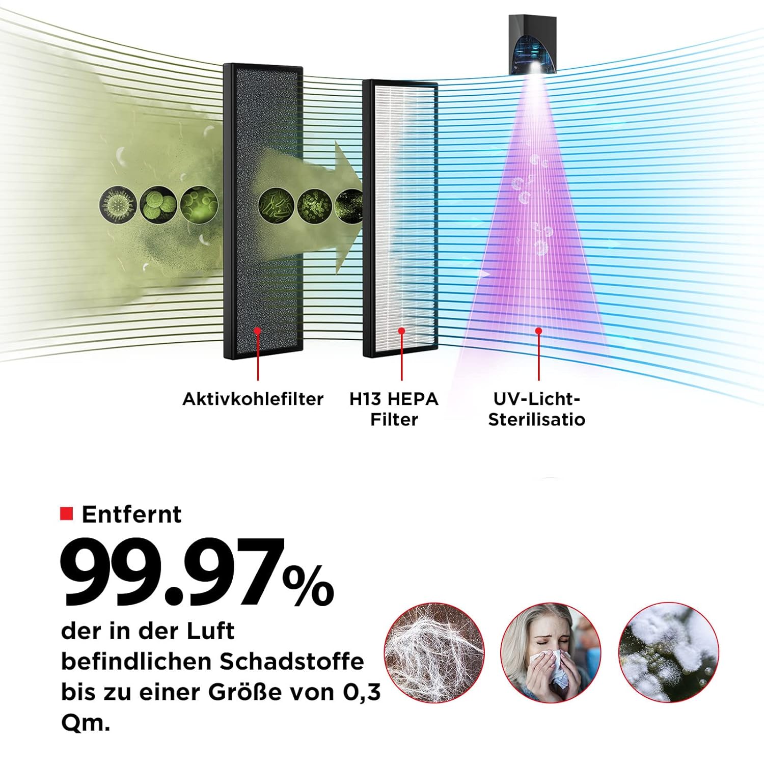 Toshiba Luftreiniger H13 HEPA UV-Licht 228 m³/h für Haustierhaare und Pollen