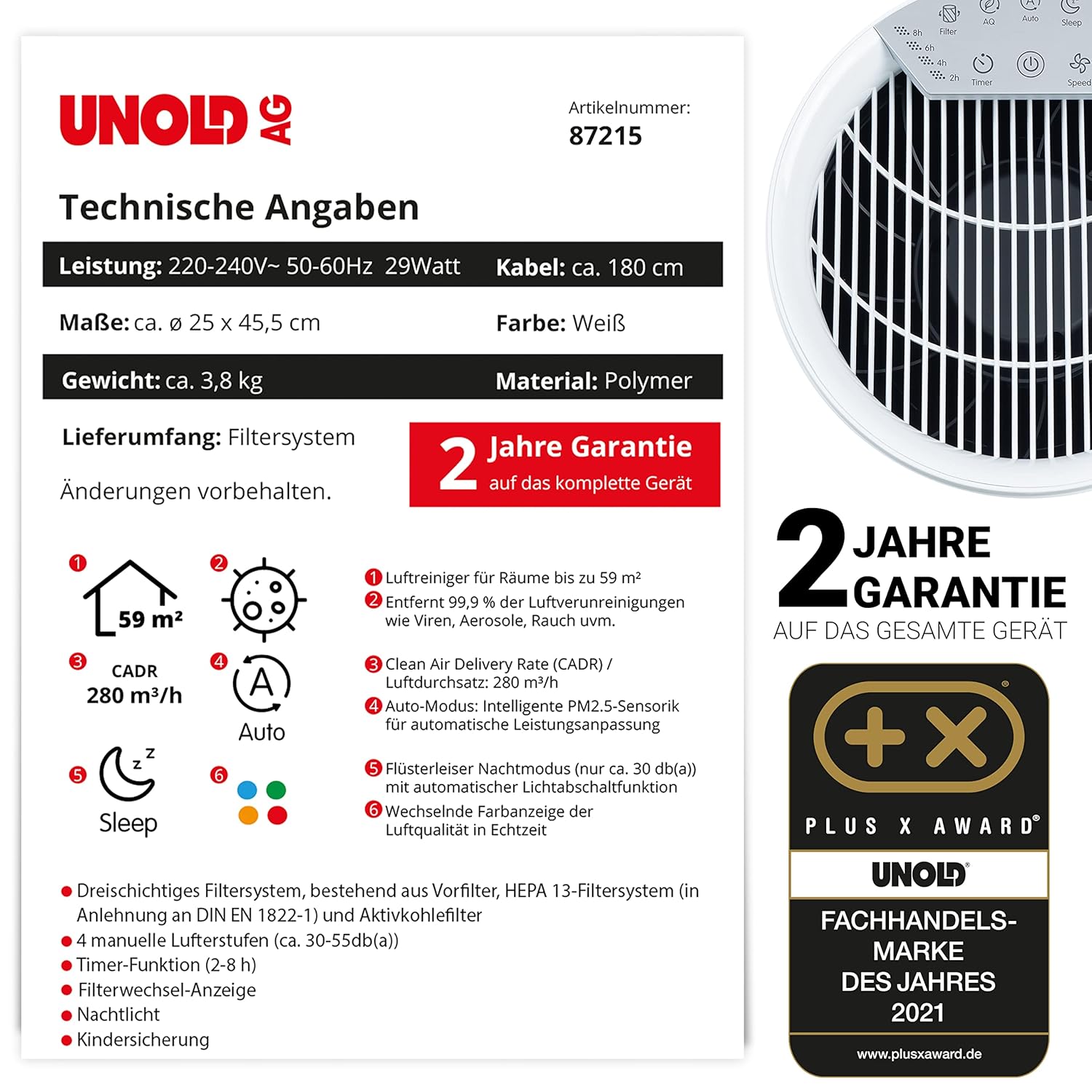 Unold 87210 Luftreiniger mit HEPA 13 Filter, Aktivkohle, für Allergene und Rauch